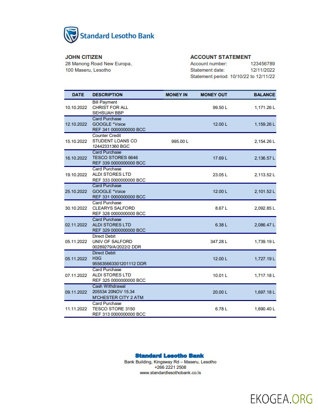 Relevé bancaire standard du Lesotho xls